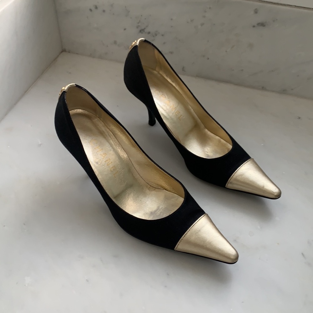 Authentic Chanel Black satin and gold leather Pumps